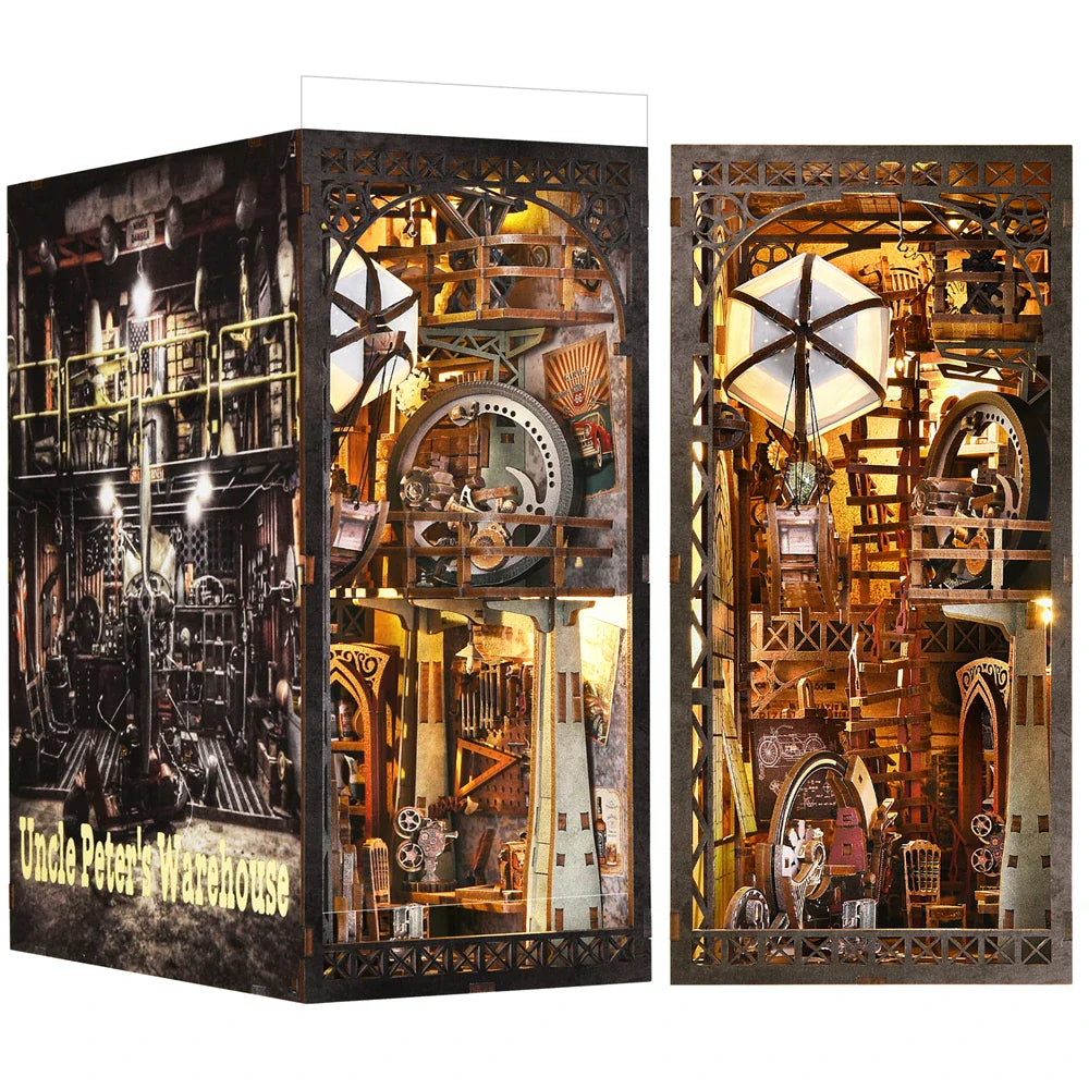 DIY miniature book nook kit with LED lighting and wooden construction for creative bookshelf decoration