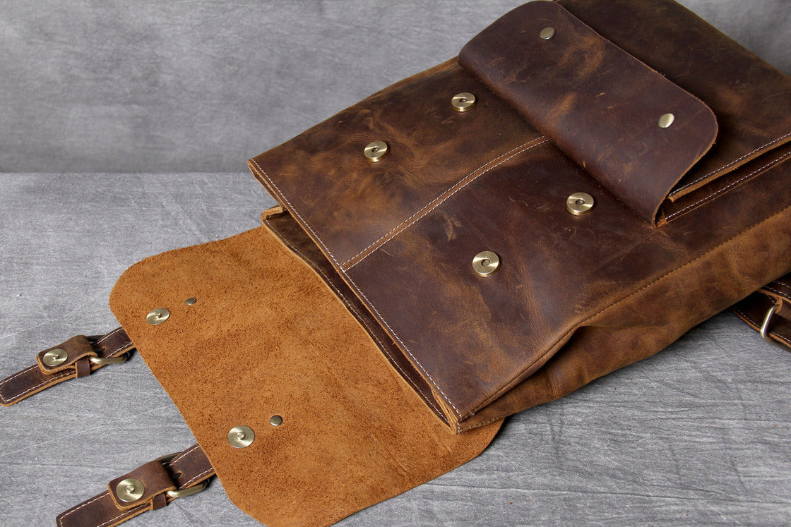 vintage brown leather backpack