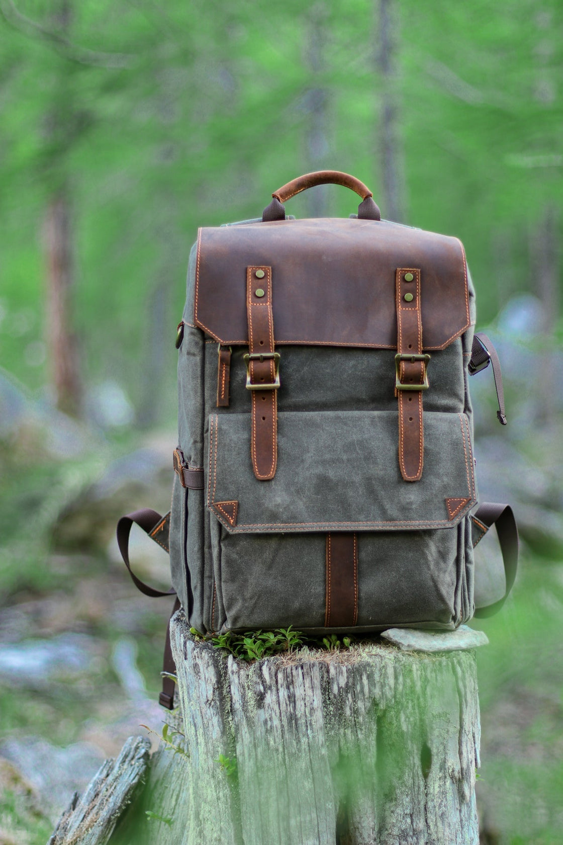 Vue de face du sac à dos photographe Algonquin vert gris foncé posé sur une souche dans une forêt de pins, rabat en cuir pleine fleur et détail des surpiqûres orange