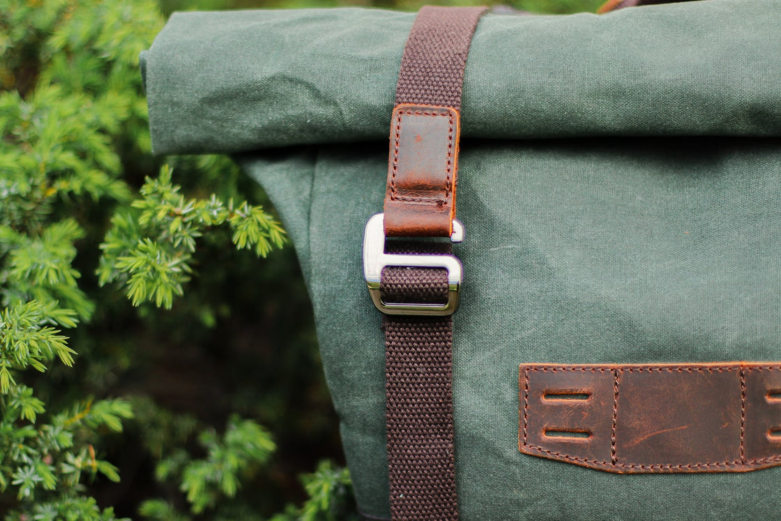 Close-up showing the textured cotton canvas weave of the Dublin backpack