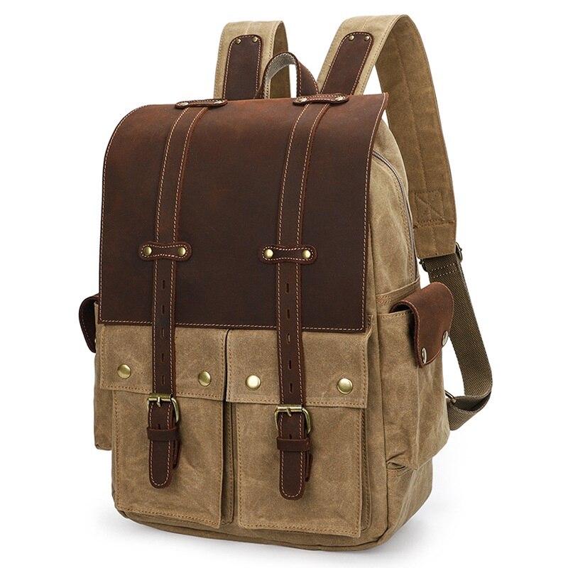 Vue trois-quarts du Hoorn tan en sac à dos toile avec panneau cuir et doubles poches frontales