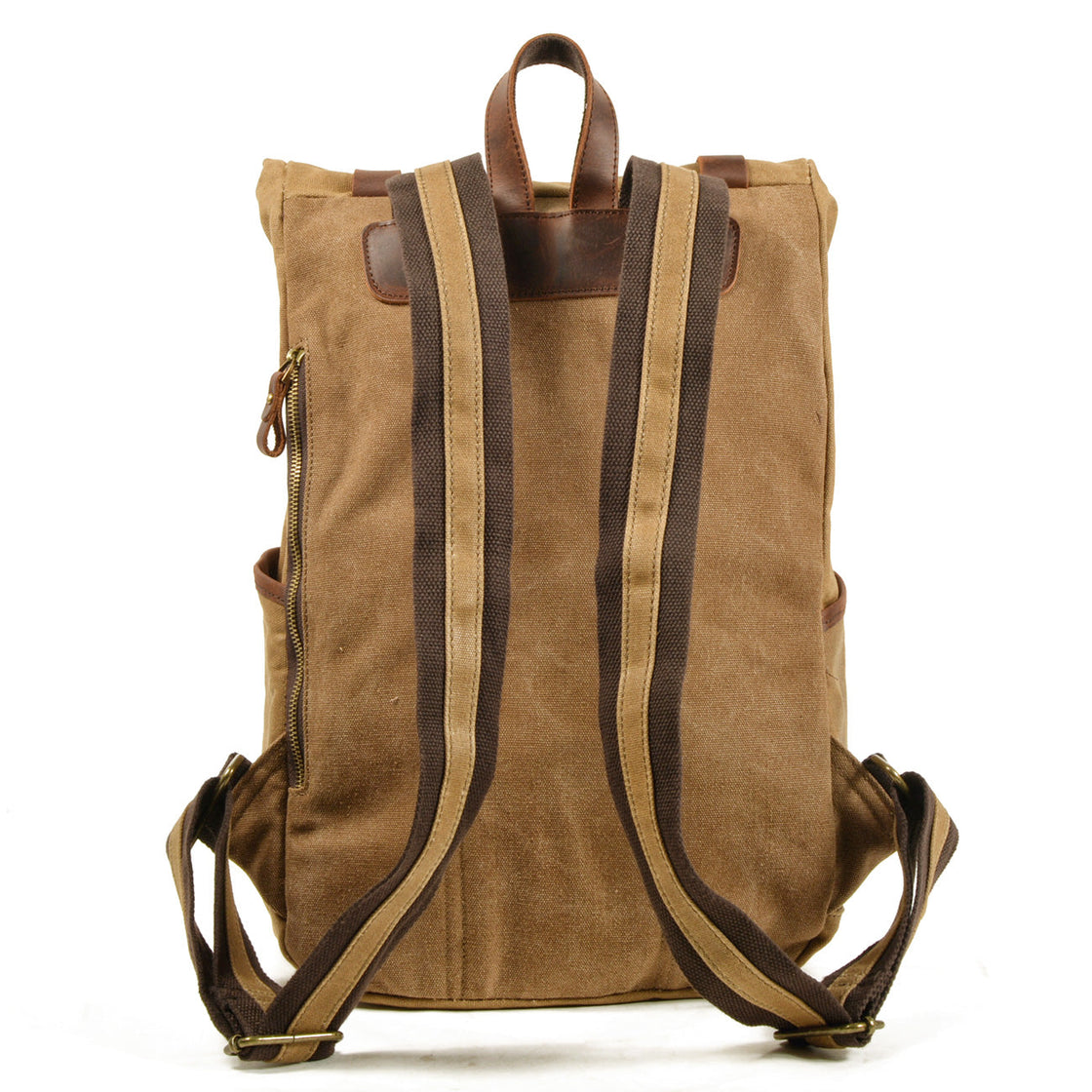 Back panel of the tan Jersey rustic leather backpack with two-tone canvas shoulder straps and reinforced leather handle