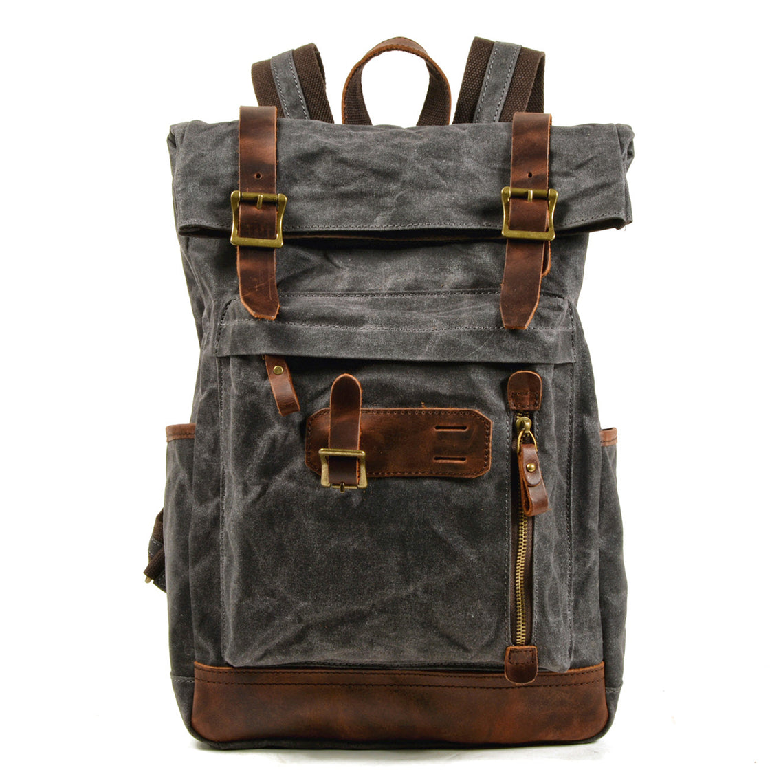 Rustic backpack in dark grey waxed canvas with crazy horse leather buckle straps and leather magnet front pocket, DIYION Jersey model