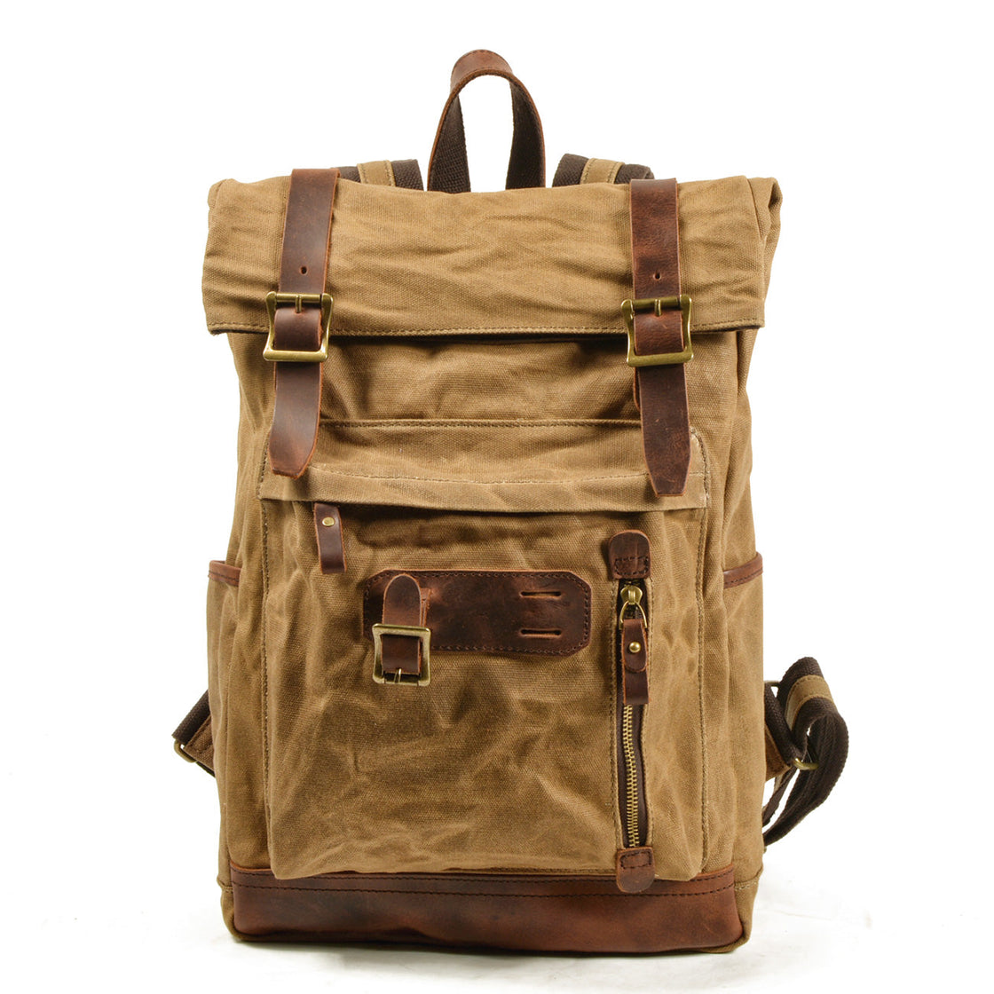 Khaki Jersey country style backpack with crazy horse leather buckles, leather magnet front pocket and full-grain leather base panel
