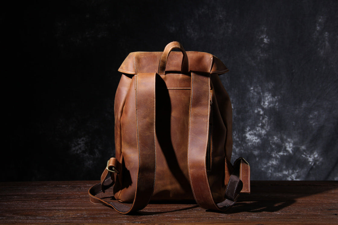 classic full grain leather knapsack worn by men and women