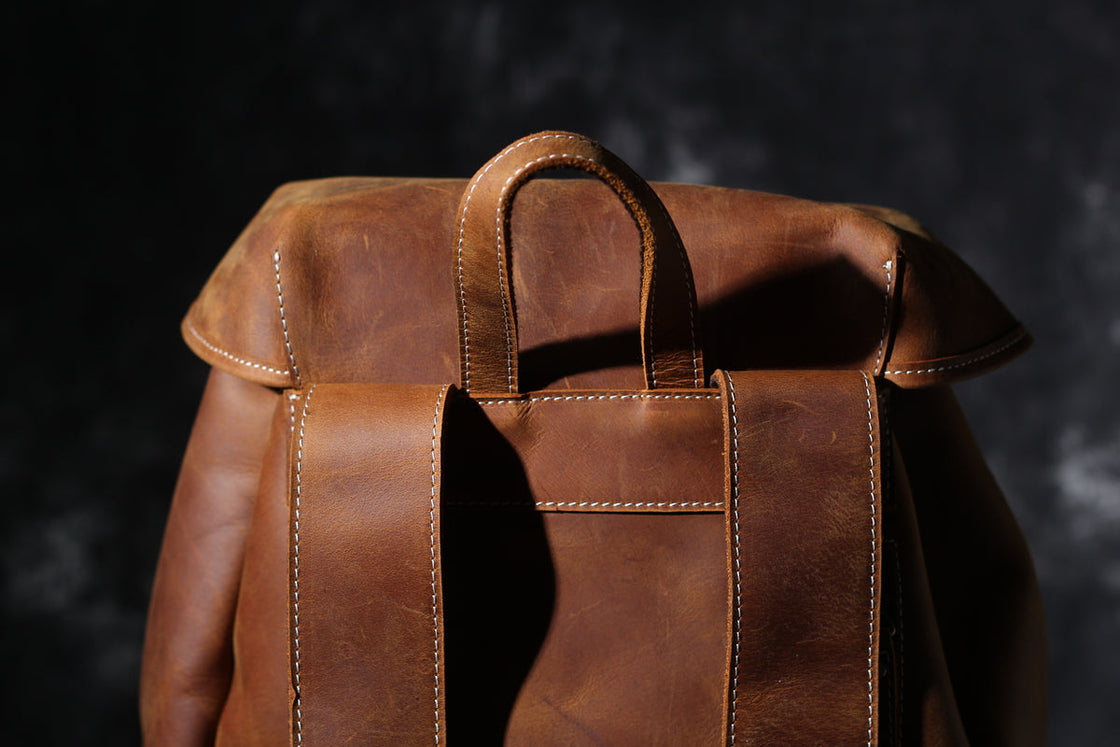 carryall knapsack bag leather with contrast ecru stitching