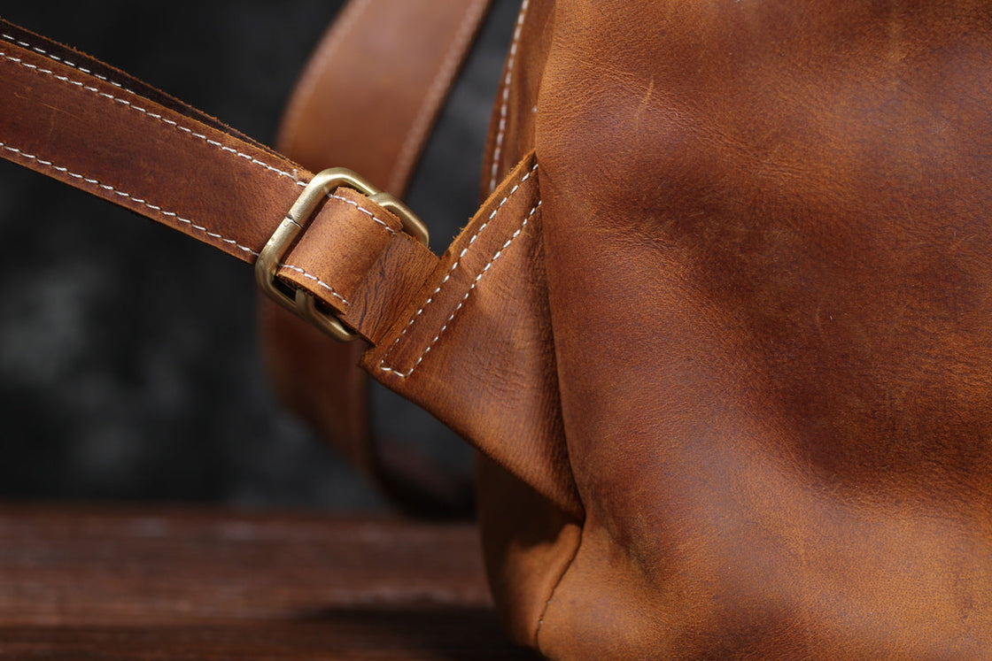 mens leather knapsack in brown full grain leather