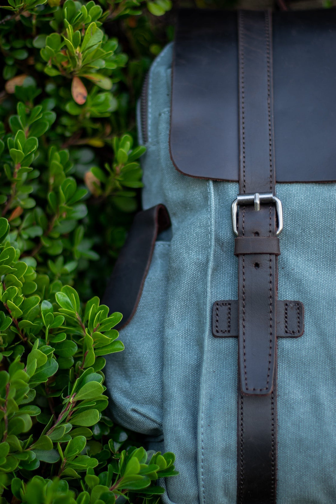 Vertical macro detail of the leather strap closure and silver roller buckle on the light blue Manitoba canvas backpack