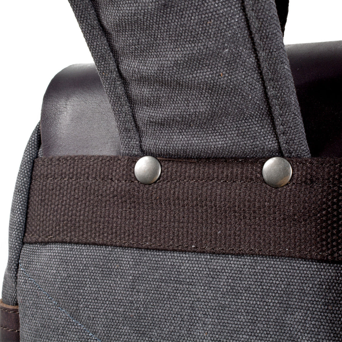 Close-up of the cotton canvas top, leather grab handle and reinforced rivets on the Milan canvas backpack