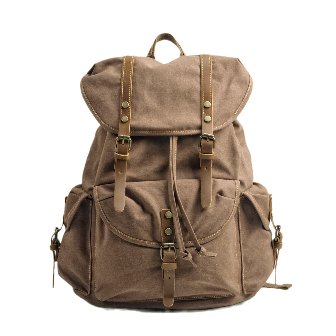 Front view of the coffee brown Montreal canvas rucksack on a white background, leather flap and twin brass buckle straps with side cargo pockets