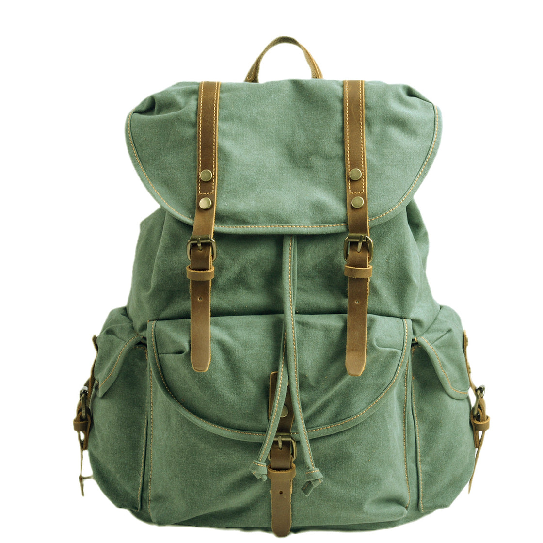 Front view of the lake green Montreal canvas backpack with leather straps on a white background, leather flap and twin brass buckle closures with cargo pockets