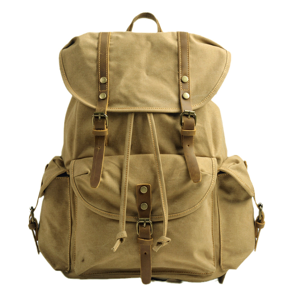 Front view of the khaki Montreal military canvas backpack on a white background, oversized leather flap with drawstring closure and twin brass buckle strap closures