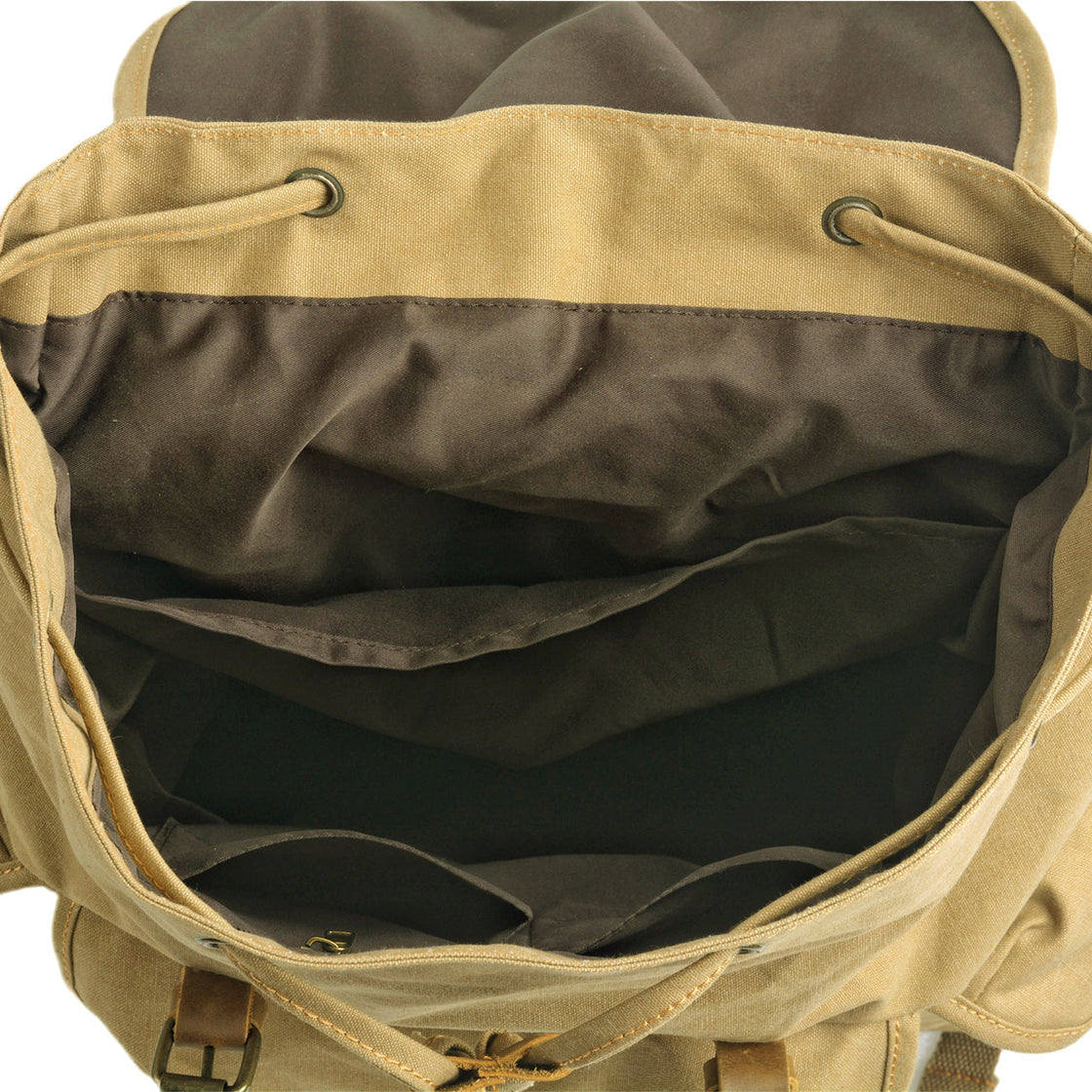 Intérieur ouvert du sac à dos Montreal kaki vu de dessus avec cordon resserré, dévoilant la doublure en polyester vert olive et l'ouverture à œillets en laiton