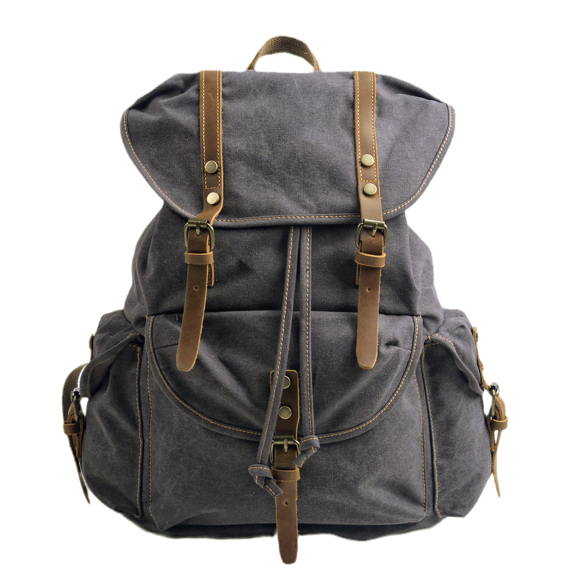 Vue de face du sac à dos vintage Montreal en toile gris foncé sur fond blanc, rabat en cuir et doubles sangles à boucles en laiton avec renfort en cuir cousu en X
