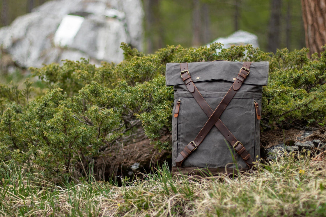 Vue latérale du sac à dos en toile Oslo gris foncé niché dans des buissons de genévrier dans une forêt nordique, fermeture à sangles entrecroisées en cuir visible de profil