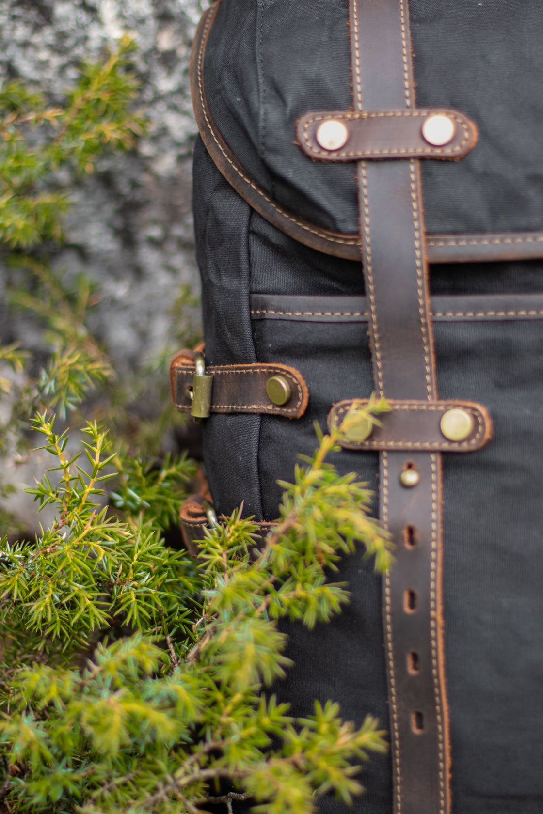 Black Rostock vintage bag styled for wanderlust travel with leather strap closures and brass buckles in a natural setting