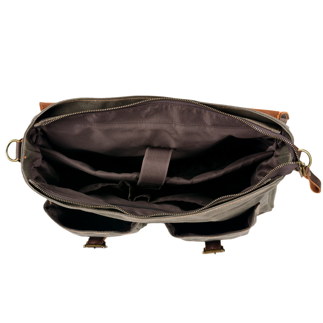 vue intérieure de la pochette matelassée pour ordinateur portable, des poches à fentes, de la poche zippée et de l'ouverture zippée de la Besace Homme Toile Vintage de DIYION, modèle tulsa