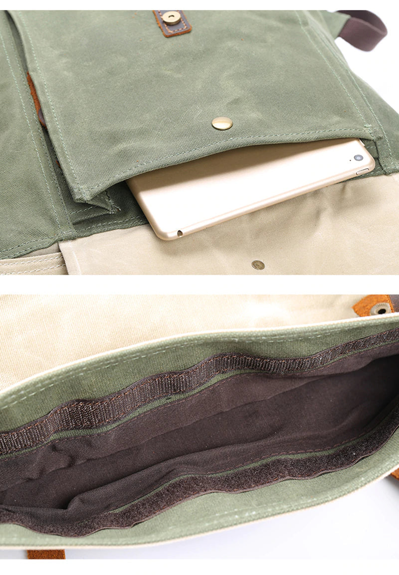 Profil latéral du sac à dos vintage Yukon beige montrant la profondeur et le contraste cuir