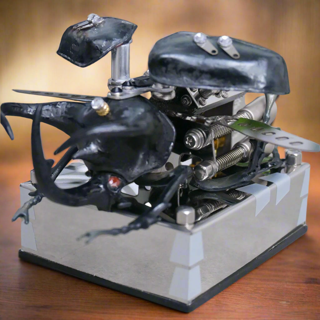 Close-up of a mechanical beetle model with visible components on a neutral background, Diyion mechanical model kit DIY assembly engineering educational toy