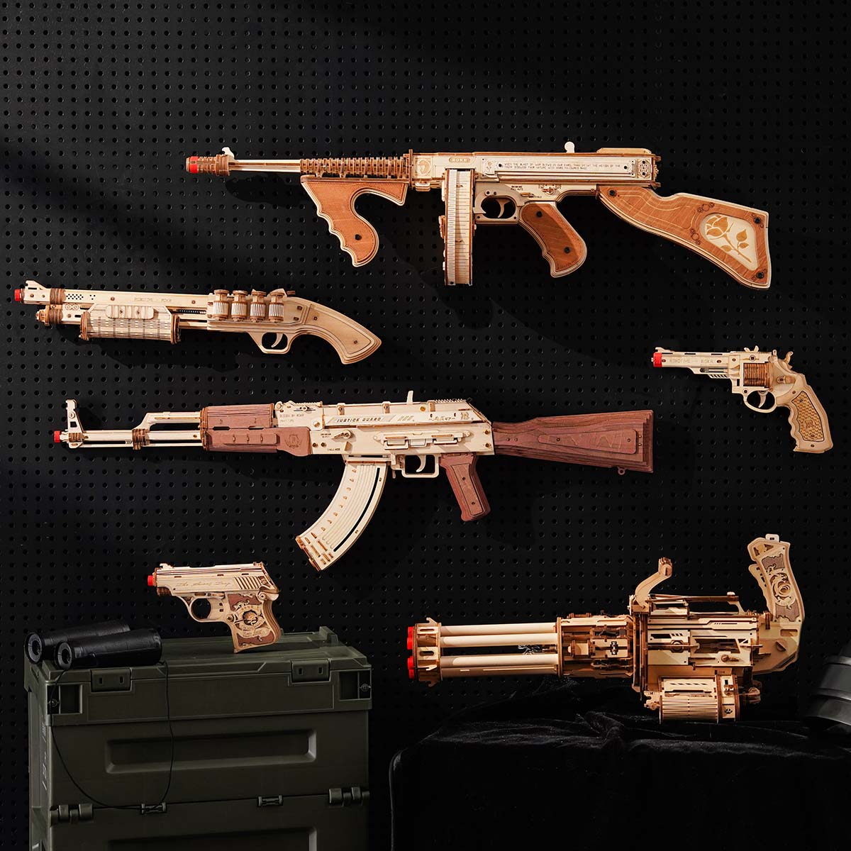 Rotating barrel wooden puzzle gun kit 3D assembly model with 6-barrel firing mechanism by Diyion
