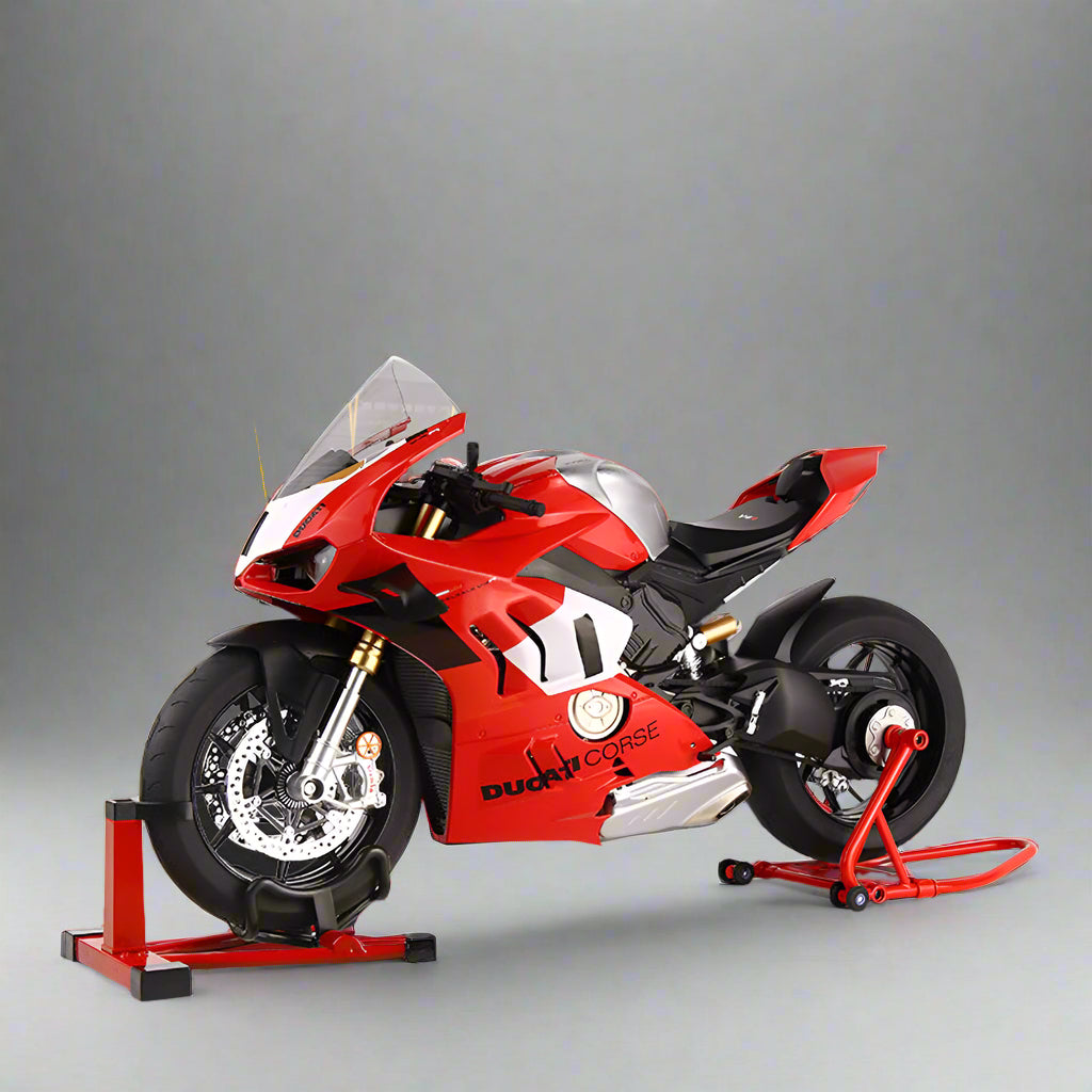 Red motorcycle model on a stand Premium 1/6 scale Ducati Panigale V4R alloy model with authentic racing details