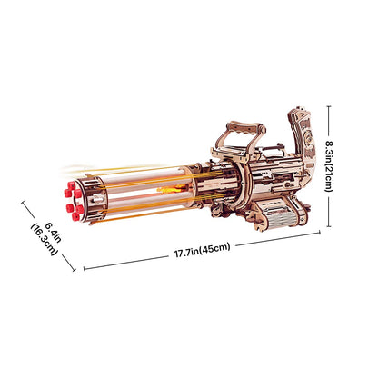 Rotating barrel wooden puzzle gun kit 3D assembly model with 6-barrel firing mechanism by Diyion