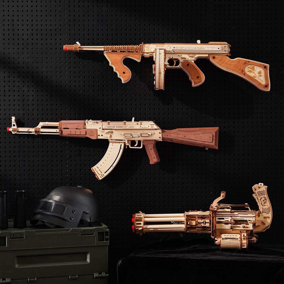 Rotating barrel wooden puzzle gun kit 3D assembly model with 6-barrel firing mechanism by Diyion