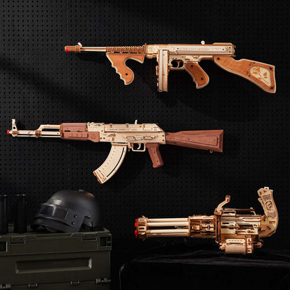 Rotating barrel wooden puzzle gun kit 3D assembly model with 6-barrel firing mechanism by Diyion