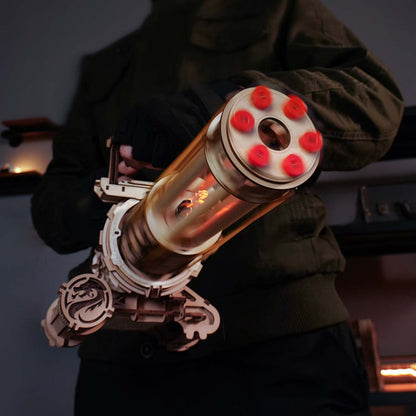 Rotating barrel wooden puzzle gun kit 3D assembly model with 6-barrel firing mechanism by Diyion