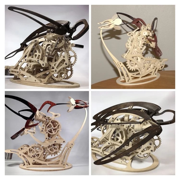 Collage of mechanical horse sculptures with intricate gear designs. Diyion | Kinetic Hummingbird Sculpture - 3D Wooden Mechanical Puzzle Kit