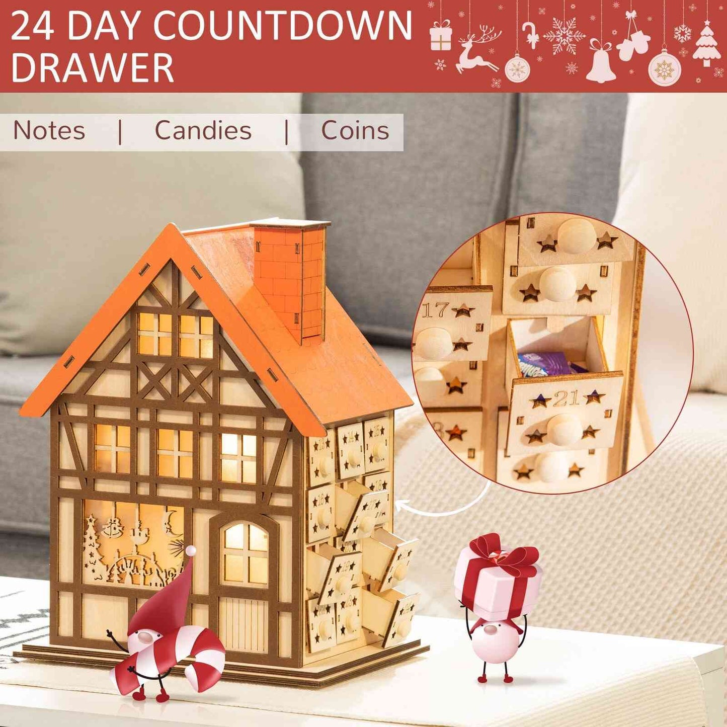 Wooden Christmas Advent Calendar House | LED Lighting - DIYION