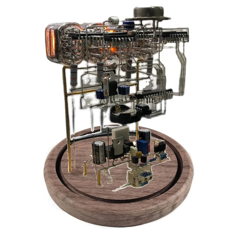 Vintage nixie tube clock with glowing amber display and wooden base from Diyion