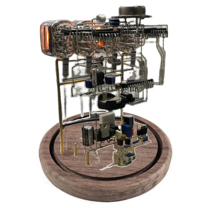 Vintage nixie tube clock with glowing amber display and wooden base from Diyion