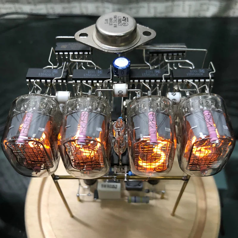 Vintage nixie tube clock with glowing amber display and wooden base from Diyion
