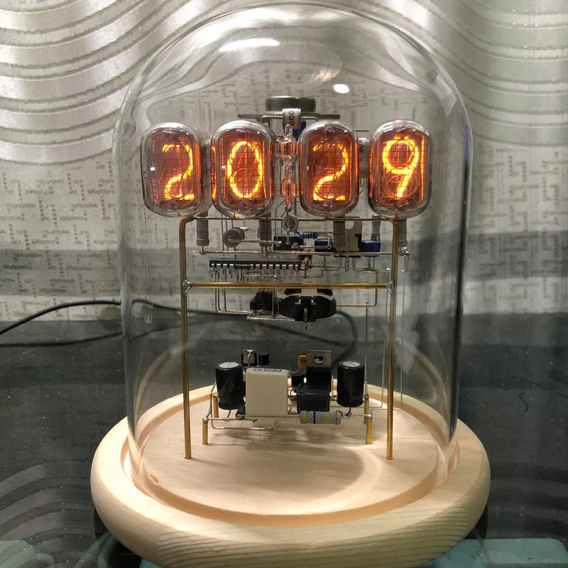 Vintage nixie tube clock with glowing amber display and wooden base from Diyion