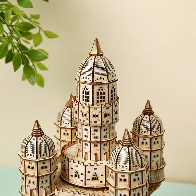 Celestia Castle 3D wooden puzzle with LED lights and rotating motor - premium educational building toy for teens and adults