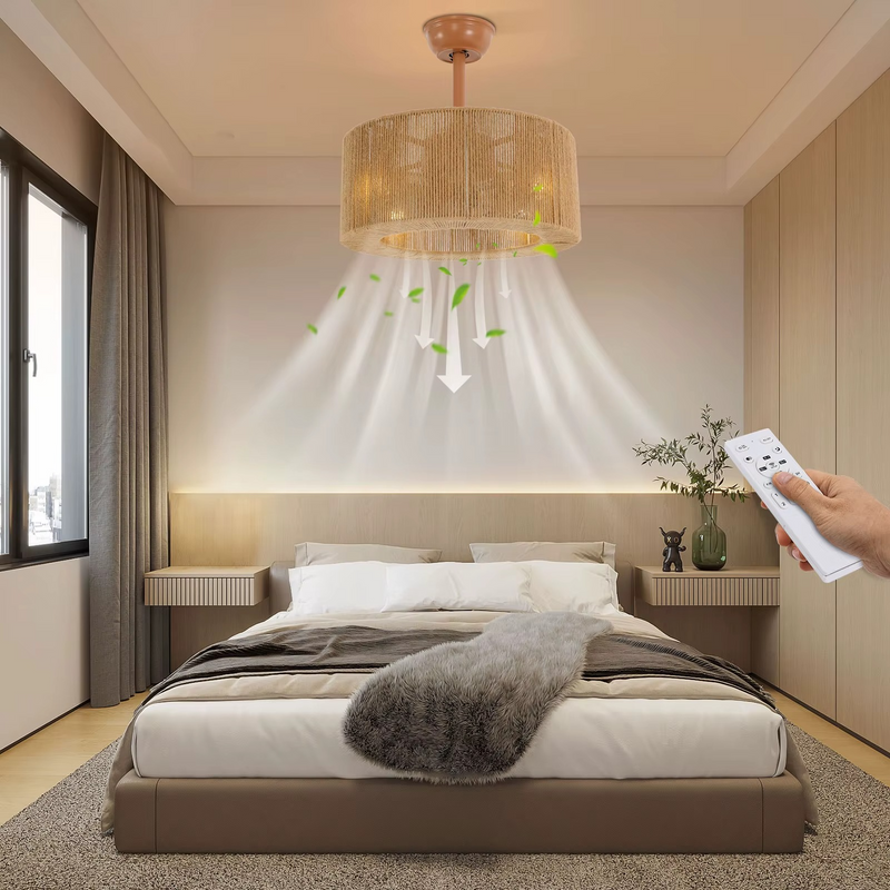 Hemp rope ceiling fan light 18 inch boho drum shade pendant fixture with remote control for bedroom and living room