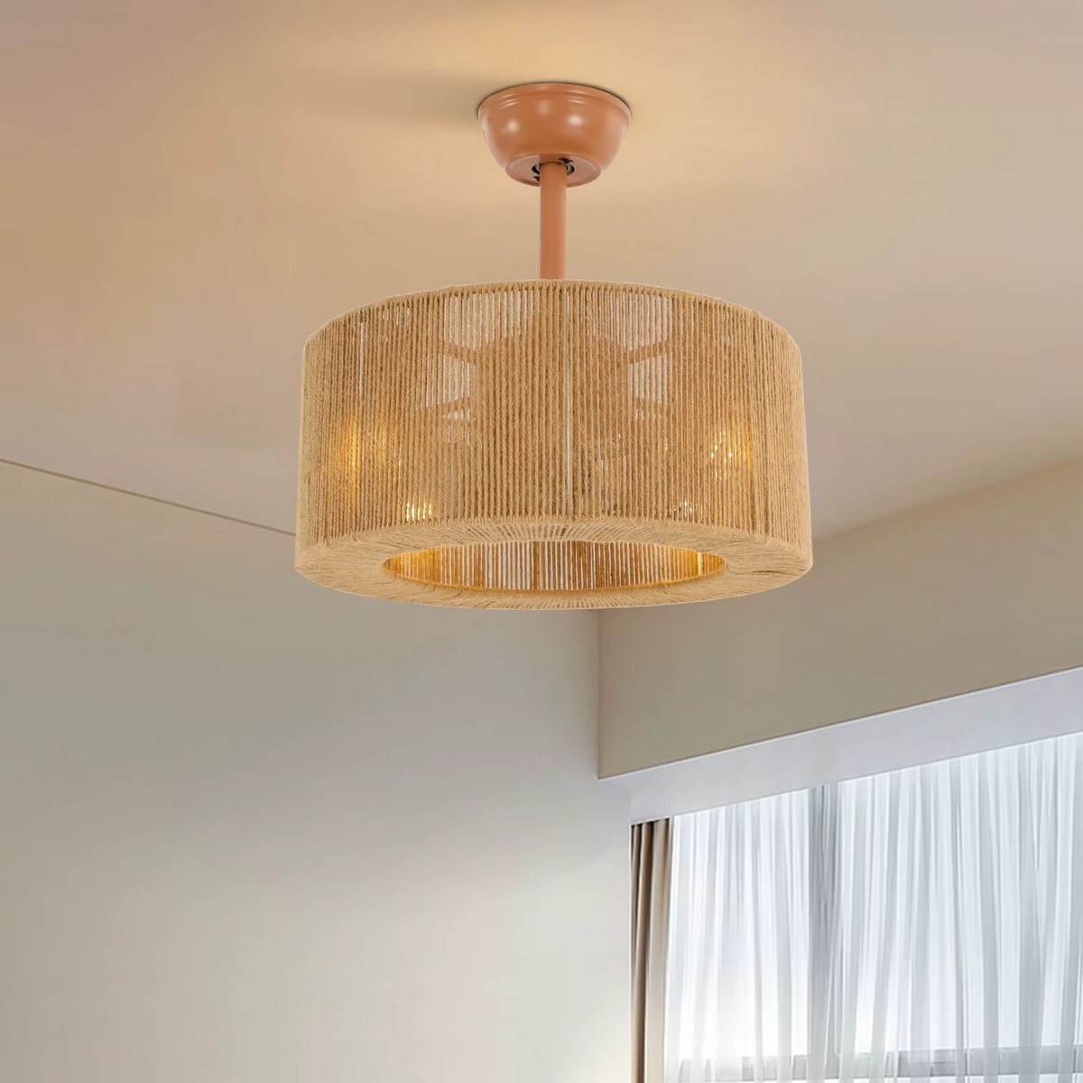 Japandi ceiling fan light with wood-color canopy, hemp rope shade, and three hidden blades