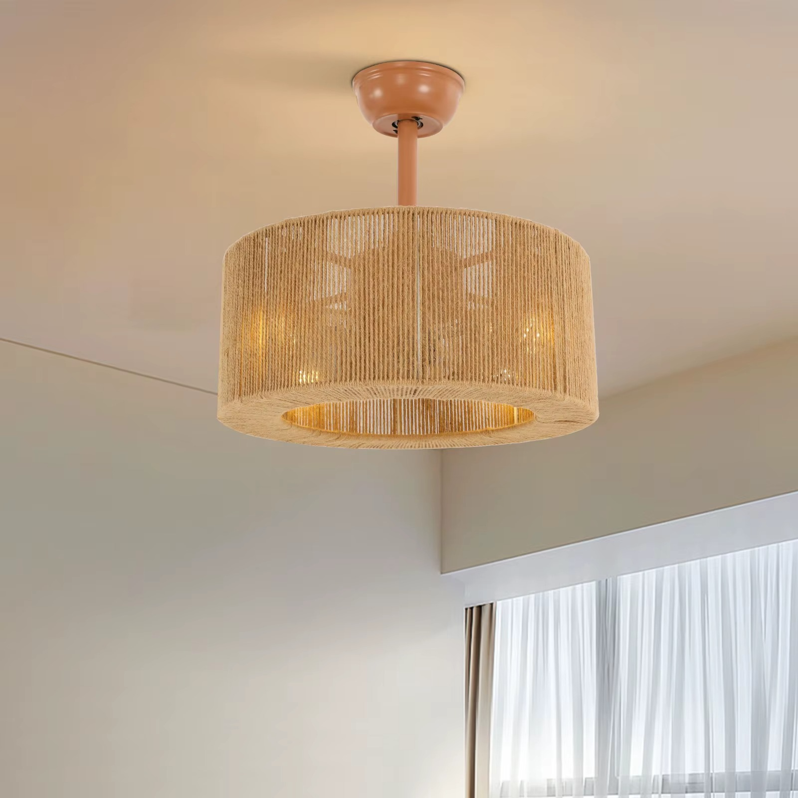 Hemp rope ceiling fan light 18 inch boho drum shade pendant fixture with remote control for bedroom and living room