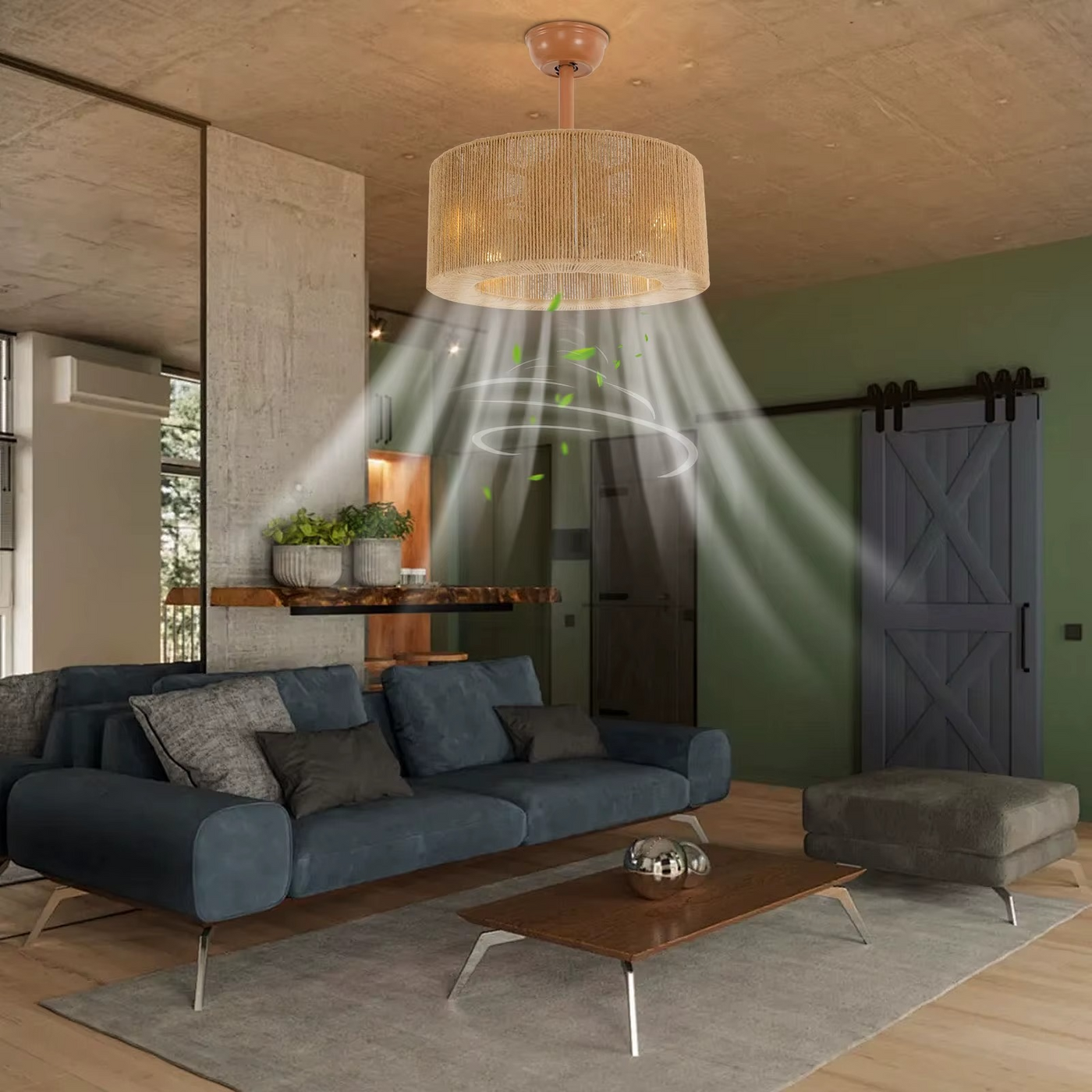 Dining room hemp rope pendant fan light with four E26 sockets and remote-controlled airflow