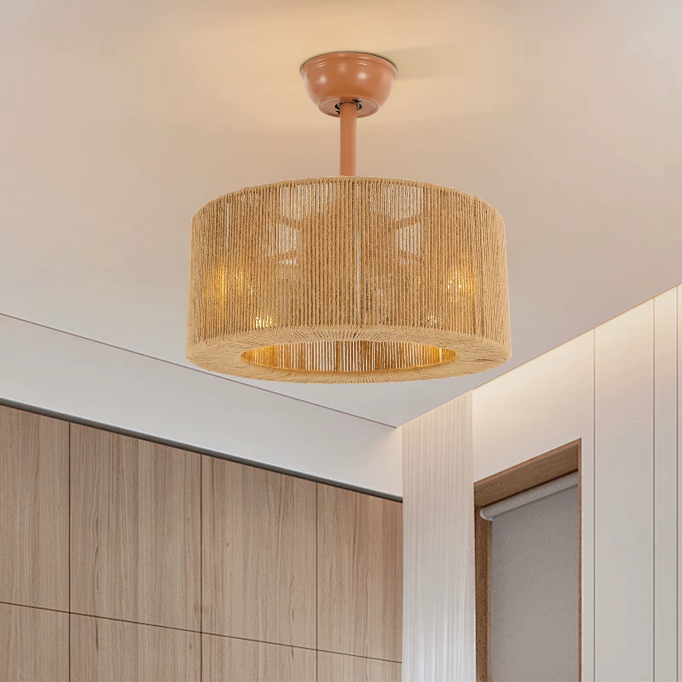 Rustic farmhouse ceiling fan light with woven hemp rope shade and six-speed remote control
