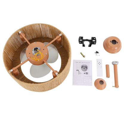 Hemp rope ceiling fan light 18 inch boho drum shade pendant fixture with remote control for bedroom and living room