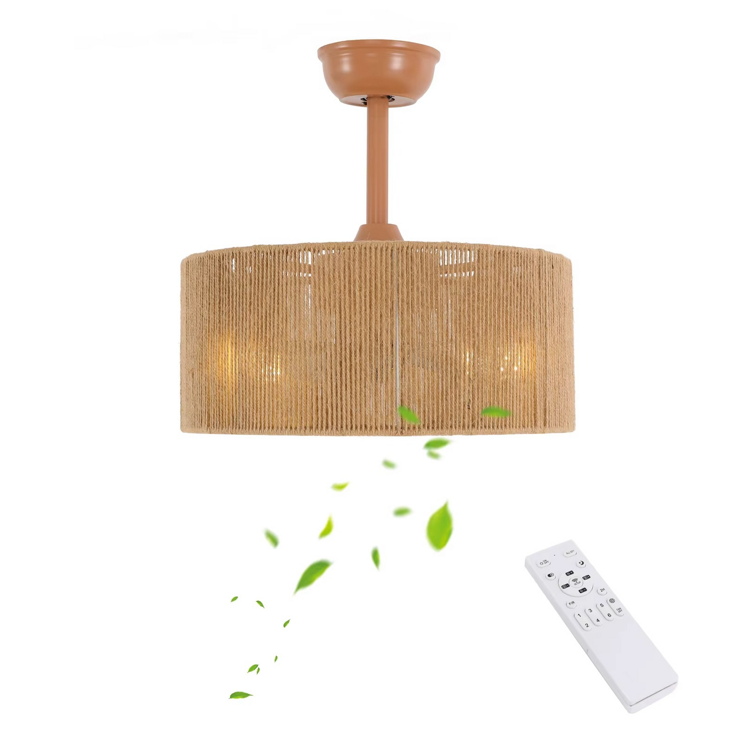 Hemp rope ceiling fan light 18 inch boho drum shade pendant fixture with remote control for bedroom and living room