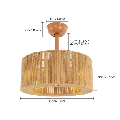 Hemp rope ceiling fan light 18 inch boho drum shade pendant fixture with remote control for bedroom and living room