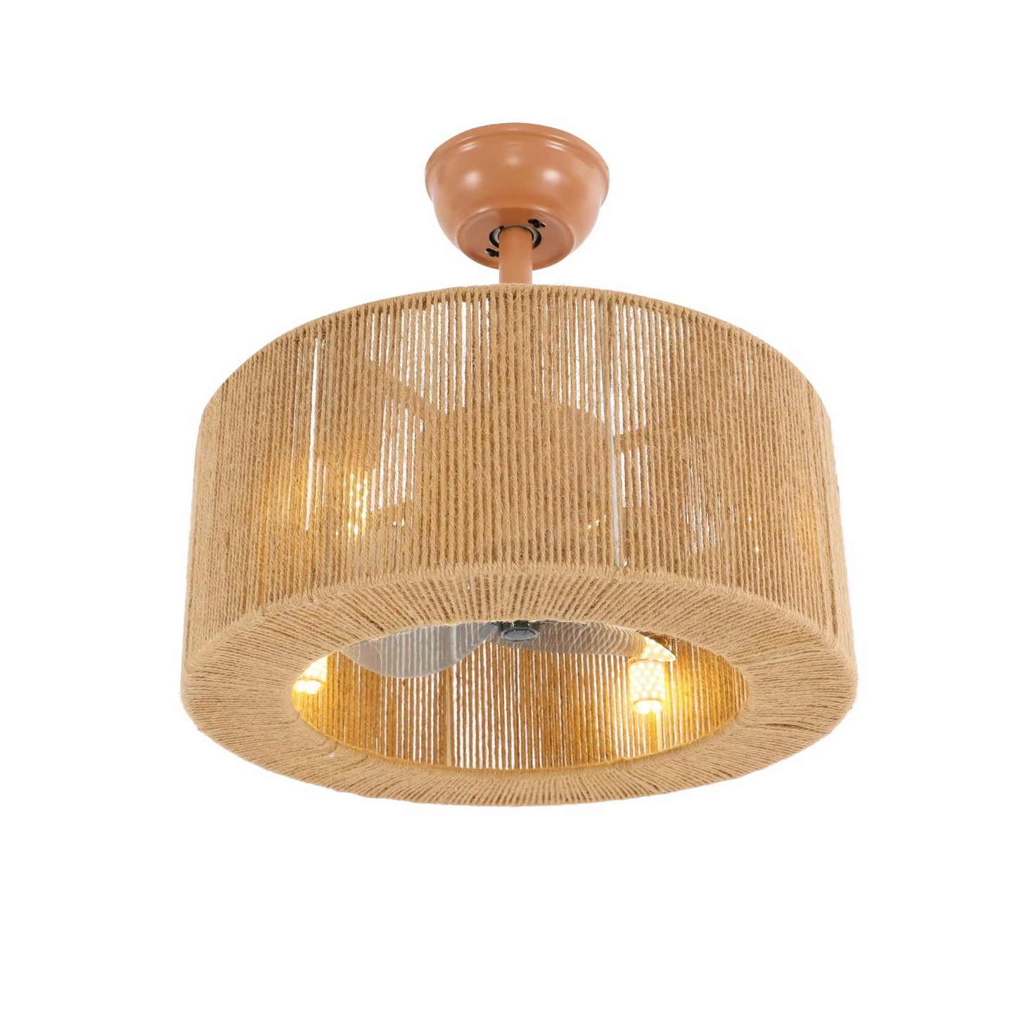 Hemp rope ceiling fan light 18 inch boho drum shade pendant fixture with remote control for bedroom and living room