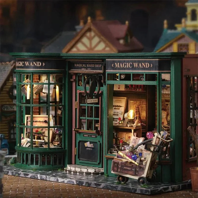 Diyion LED miniature building kit with a warm glowing magic shop display