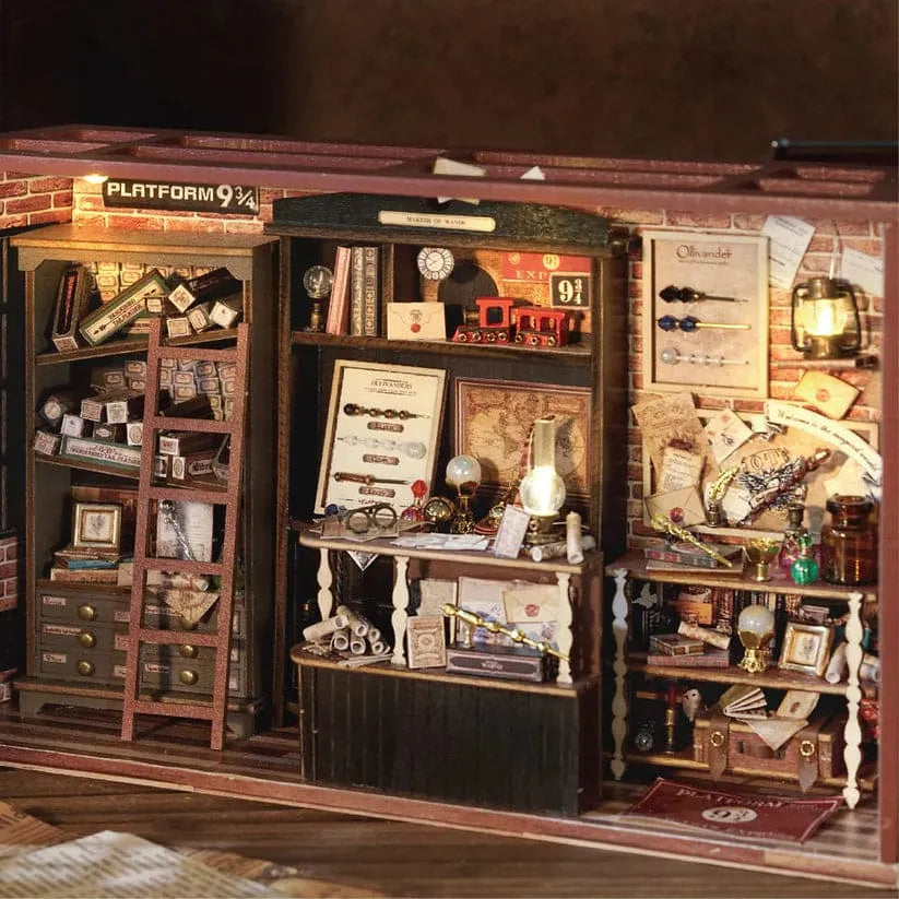Completed Diyion miniature magic shop with tiny bookshelves, cauldrons and mystical artifacts