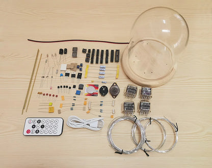 Vintage nixie tube clock with glowing amber display and wooden base from Diyion