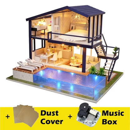 Model of a two-story house with a pool, including a dust cover and music box Diyion DIY dollhouse kit miniature apartment with LED lighting - premium craft project for adults and teens