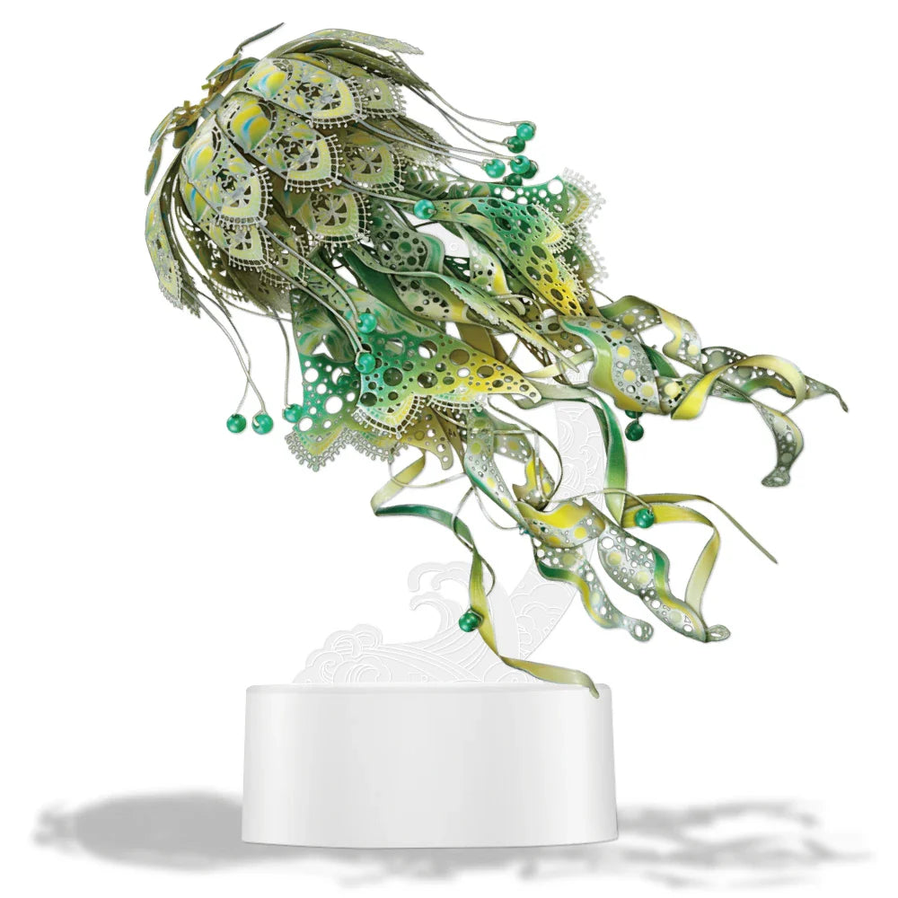 Decorative jellyfish sculpture with green and yellow patterns Diyion | 3D Metal Puzzle Jellyfish Kit - 61 Piece Stainless Steel DIY Assembly Model Building Set for Adults